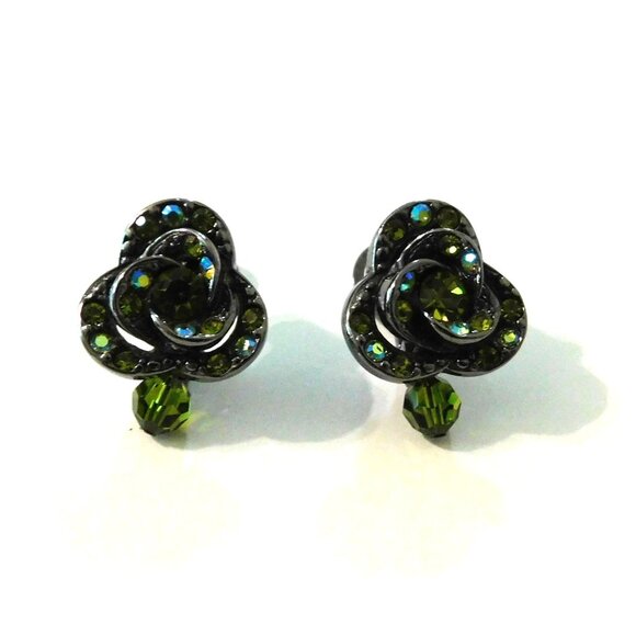 Premier Designs Sage Blossom Earrings Green Crystals Bead Accent Dual Clip Post - Picture 2 of 6